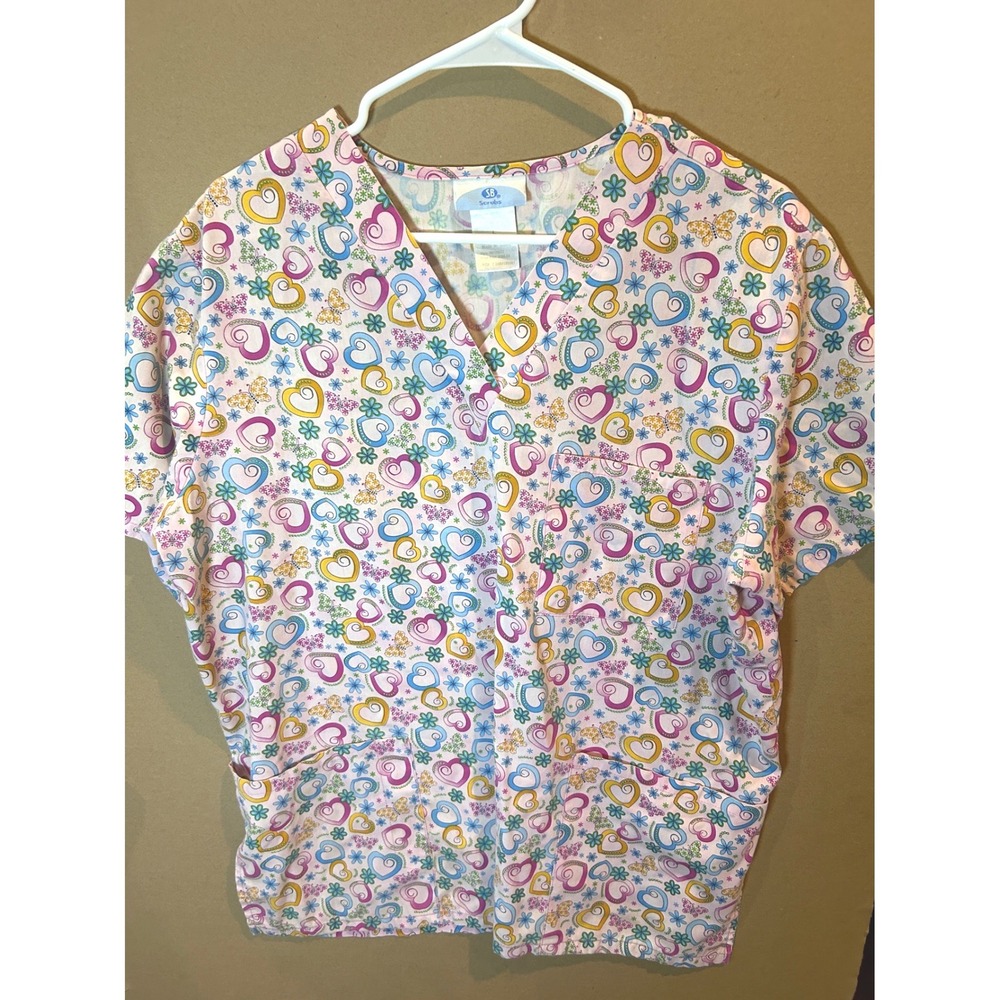 SB‎ Scrubs V-Neck Top Women Large Pink Jubilee Hearts Floral Excellent SB170420